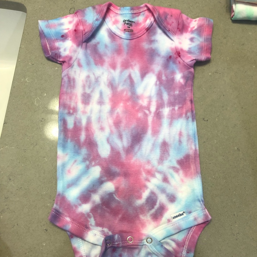 2 Baby onesies, handmade, tie dyed, size 12m